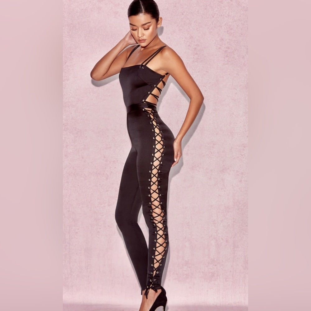 House Of CB, 'Tsarina' Black Satin Jumpsuit With Side Lace Ups